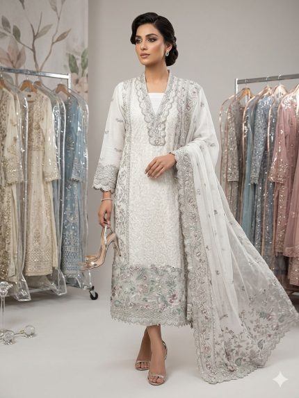 White Embroidered Pakistani Suit / Salwar Kameez (Anarkali style).