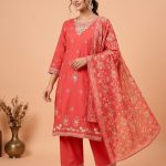 Embroidered straight-cut Salwar kameez with dupatta.